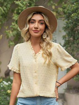 Oh Rare - Yellow Lace Inserts V-Neck Top