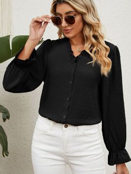 Oh Rare - Black Self Design V-Neck Long Bell Sleeves Shirt Style Top