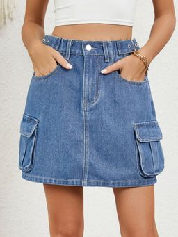 Oh Rare - Woven Flared Denim Mini Skirt