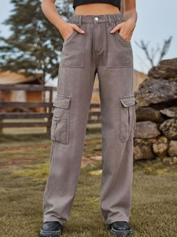 Oh Rare - Women Khaki Mid-Rise Casual Denim Cargo Pants