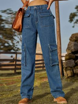 Oh Rare - Women Blue Mid-Rise Plain Semi-Elastic Denim Trousers