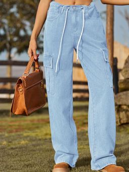 Oh Rare - Women Blue Straight Fit Mid-Rise Plain Denim Cargos Pants