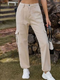 Oh Rare - Women Khaki Slim Fit Mid-Rise Plain Joggers Pants