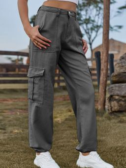 Oh Rare - Women Grey Semi-Elastic Denim Slim Fit Cargos Pant