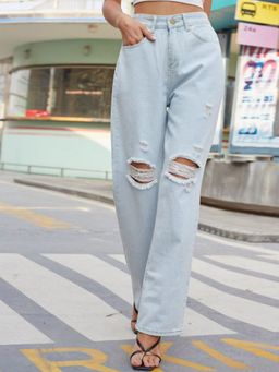 Oh Rare - Women Blue Mid-Rise Plain Washed Ripped Denim Joggers Jeans