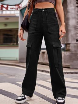 Oh Rare - Women Black Versatile Straight Fit Denim Cargos Jeans