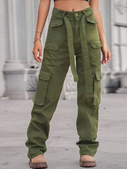 Oh Rare - Women Olive Green Straight Fit Mid-Rise Denim Weave Joggers Pants