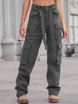Oh Rare - Grey Women Straight Fit Mid-Rise Plain Cargos Pants