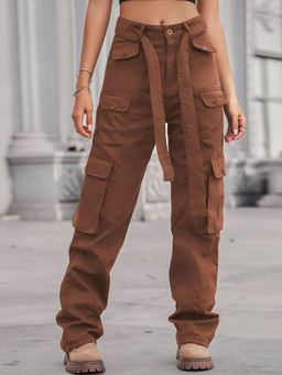 Oh Rare - Brown Women Straight Fit Mid-Rise Plain Cargos Pants