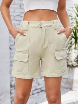 Oh Rare - Women Khaki Mid-Rise Cargo Style Denim Shorts