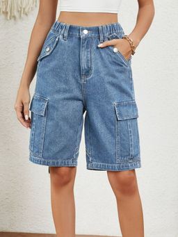 Oh Rare - Women Blue High-Rise Denim Shorts