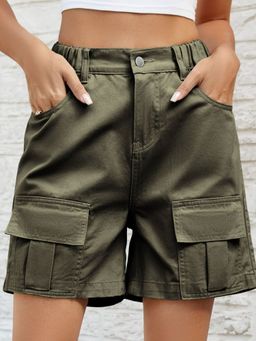 Oh Rare - Women Olive Green Mid-Rise Above Knee Regular Fit Cargo Shorts