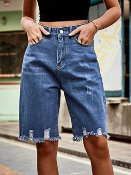 Oh Rare - Women Blue Mid-Rise Regular Fit Ripped Denim Shorts