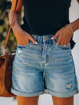 Oh Rare - Women Blue Mid-Rise Washed Denim Shorts