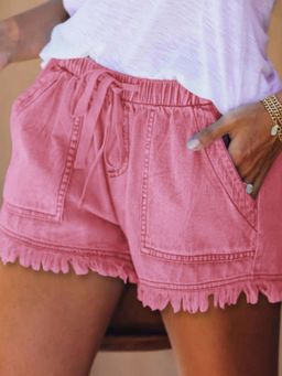 Oh Rare - Women Pink High-Rise Above Knee Regular Fit Denim Shorts