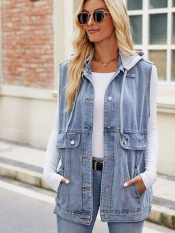 Oh Rare - Hooded Sleeveless Longline Denim Jacket