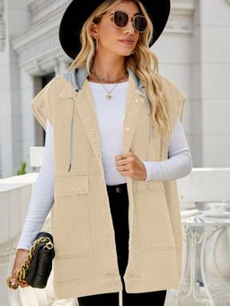 Oh Rare - Khaki Hooded Sleeveless Longline Denim Jacket