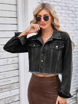 Oh Rare - Grey Washed Spread Collar Long Sleeves Crop Denim Jacket