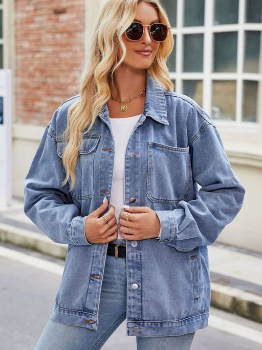 Long Sleeves Longline Denim Jacket Oh Rare Blue Washed Spread