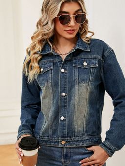 Oh Rare - Women Navy Blue Spread Collar Long Sleeves Straight Denim Jacket