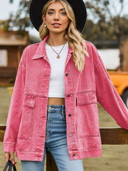 Oh Rare - Pink Spread Collar Long Sleeves Pockets Longline Denim Jacket