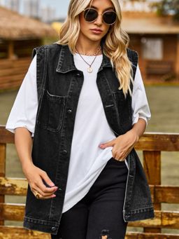 Oh Rare - Grey Spread Collar Sleeveless Pockets Longline Denim Jacket