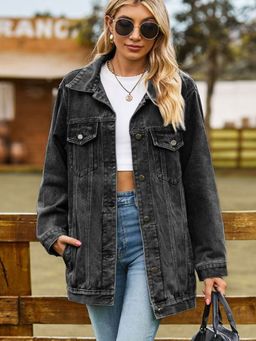 Oh Rare - Grey Washed Spread Collar Long Sleeves Longline Denim Jacket