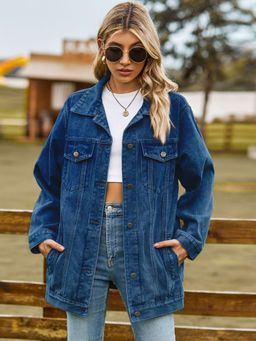 Oh Rare - Women Washed Spread Collar Longline Retro Denim Jacket