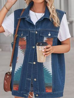 Oh Rare - Abstract Printed Patchwork Spread Collar Sleeveless Denim Jacket