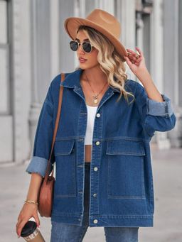 Oh Rare - Navy Blue Spread Collar Drop-Shoulder Sleeves Denim Jackets