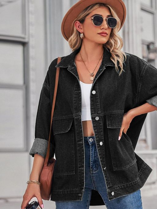 Oh Rare Black Spread Collar Longline Denim Jacket