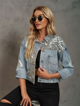 Oh Rare - Blue Animal Printed Spread Collar Pockets Denim Jacket