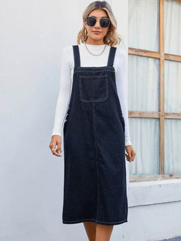 Oh Rare - Navy Blue Shoulder Straps Knee Length Pinafore Dresses