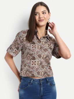 Oh Rare - Rangoli Print Short Sleeve Crop Shirt for Women
