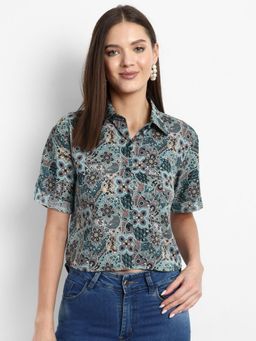 Oh Rare - Rangoli Print Short Sleeve Crop Shirt for Women