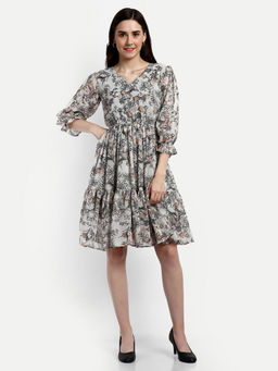 Oh Rare - Grey Floral Print V Neck Full Sleeve Dress for Women