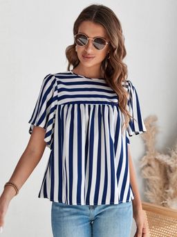 Oh Rare - Women White Striped Print Flared Sleeve Smock Top