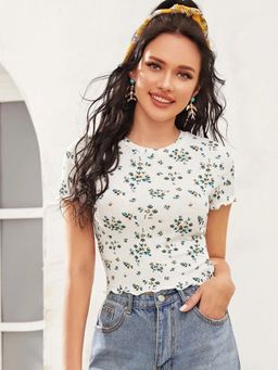 Oh Rare - Women White Lettuce Trim Floral Print Rib-Knit Top