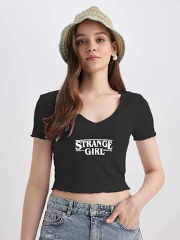 Oh Rare - Women Black Typography Letter Print Short Sleeve Crop Top