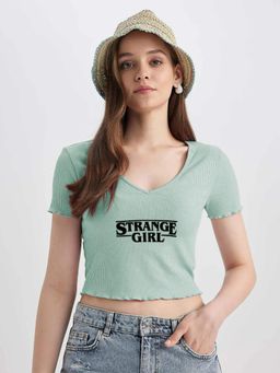 Oh Rare - Women Green Typography Letter Print Short Sleeve Crop Top