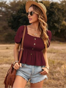 Oh Rare - Women Maroon Frilled Fake Button Puff Sleeve Peplum Top