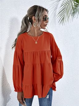 Oh Rare - Solid Tiered Round Neck Puff Sleeve Top