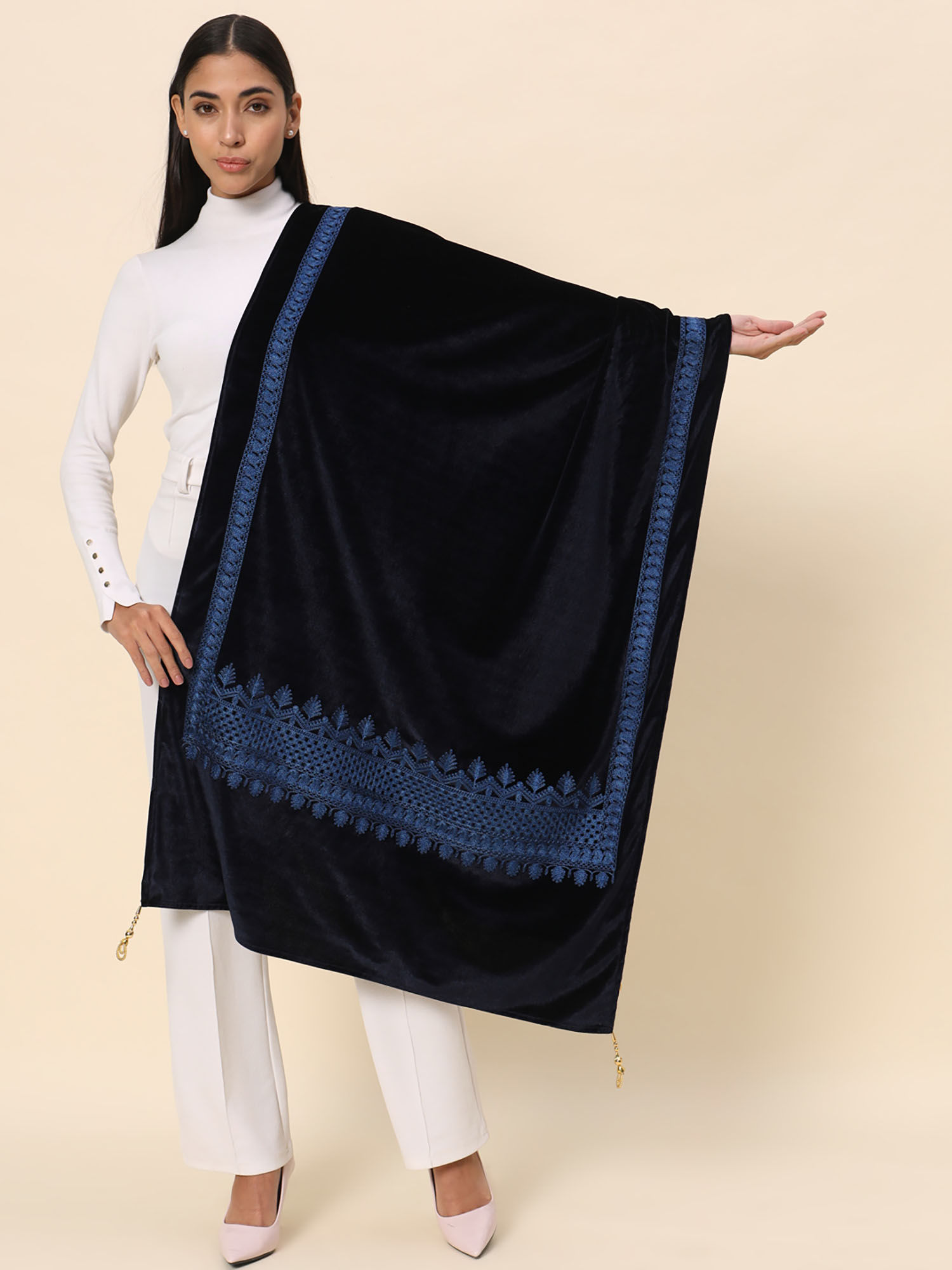 zamour Women Velvet Embroidered Stole-Navy Blue-picture-32