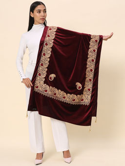 Zamour - Women Embroidered Velvet Stole-Maroon