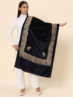 Zamour - Women Embroidered Velvet Stole-Navy Blue