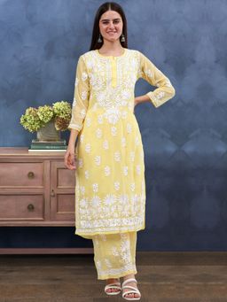 Seva Chikan - Hand Embroidered Yellow Georgette Kurta With Palazzo & Slip (Set of 3)