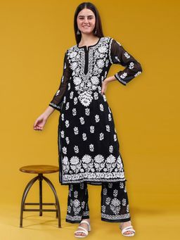 Seva Chikan - Hand Embroidered Black Georgette Kurta With Palazzo & Slip (Set of 3)