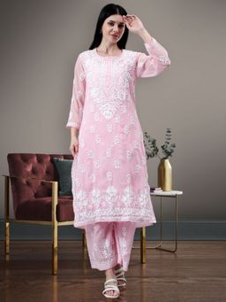 Seva Chikan - Hand Embroidered Pink Georgette Kurta With Palazzo & Slip (Set of 3)