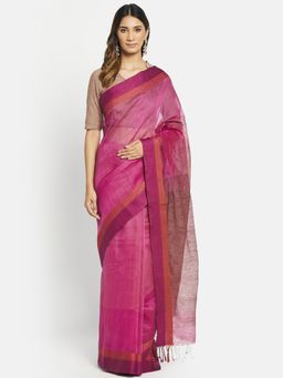 Fabindia - Pink Linen Blend Hand Woven Saree without Blouse