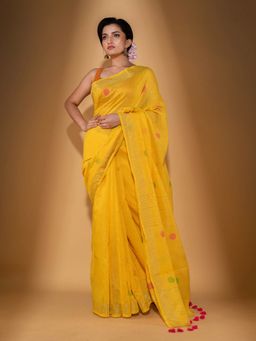 Beatitude - Yellow Blended Cotton Woven Saree with Unstitched Blouse